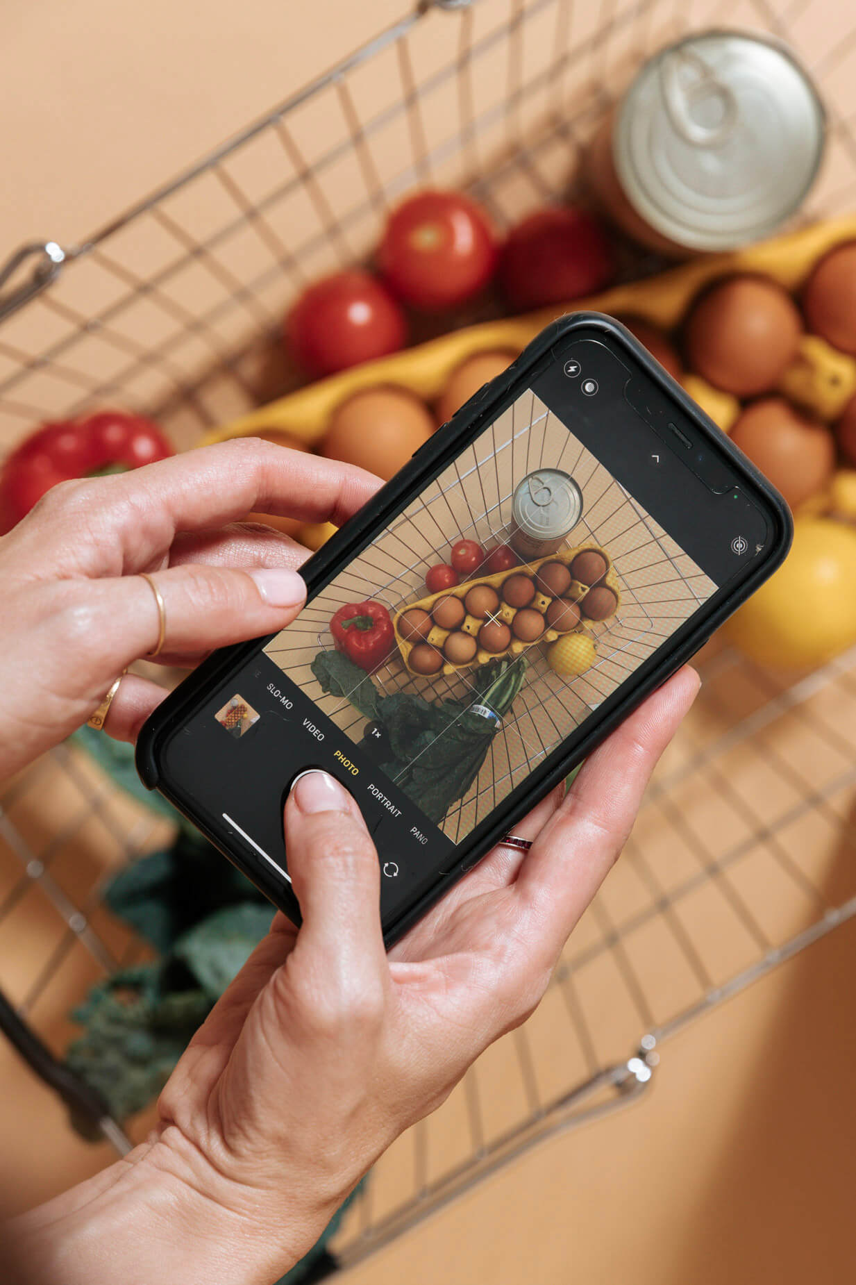 Shopper capturing a picture of shopping cart in the moment