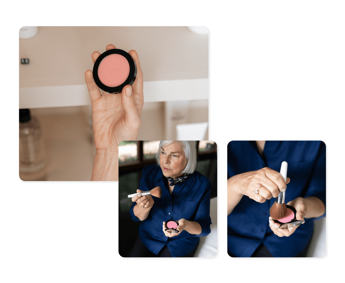 One woman examining blush in-store and another applying it at home, showcasing Field Agent's real-time insights on customer behavior in various settings.